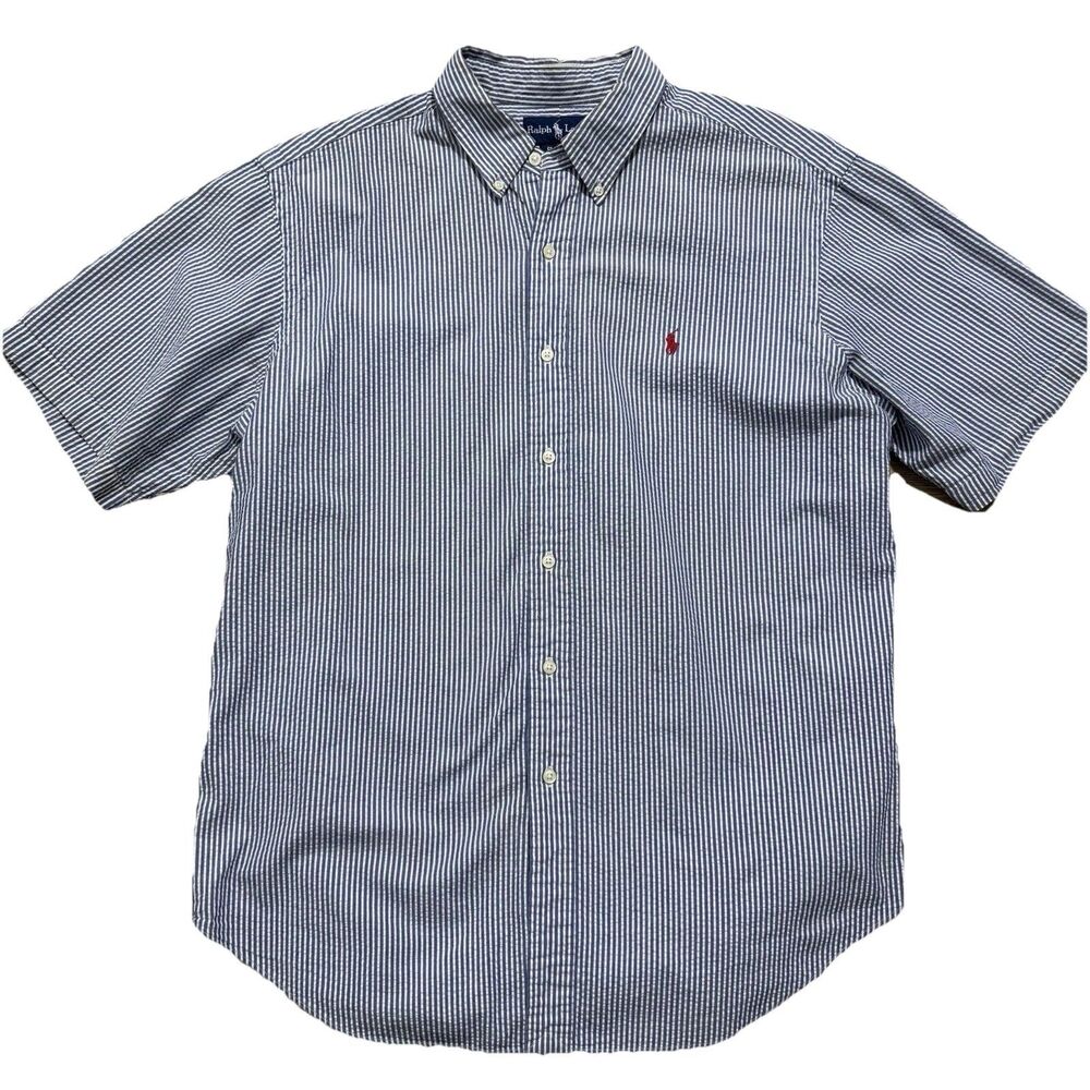 Ralph Lauren Shirt Mens XL Classic Fit Seersucker Blue Stripe Short Sleeve READ